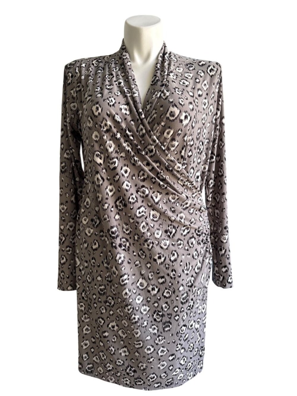 Norma Kamali Women's Gray Black Leopard Print Faux Wrap Dress, Size XXL